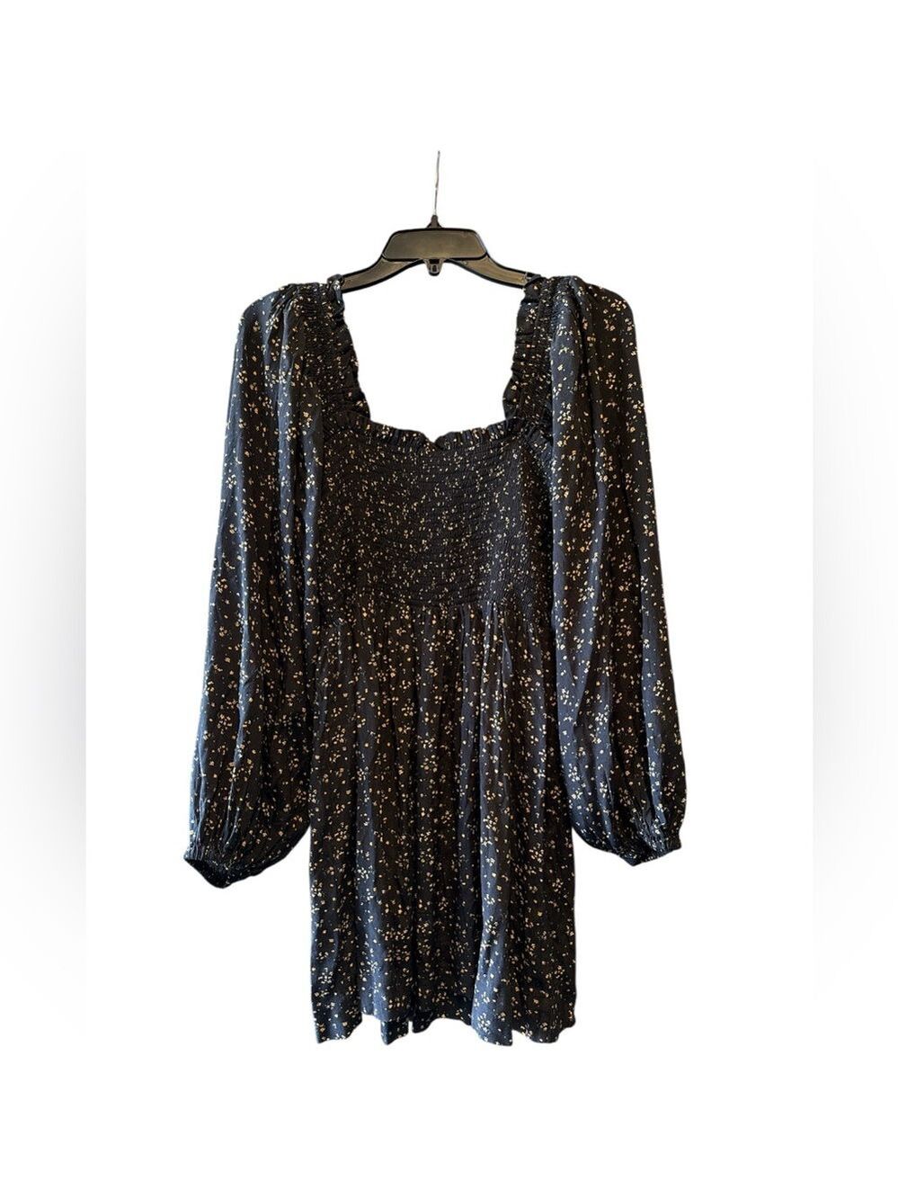 GANNI Floral Smocked Mini Dress Long Balloon Puff Sleeve Black Size 6 EUC - Picture 7 of 12